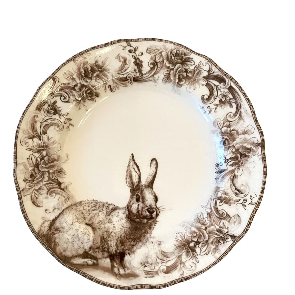222 Fifth ARABELLA Brown & White Bunny Salad Plates 8.5in Set of 4 New